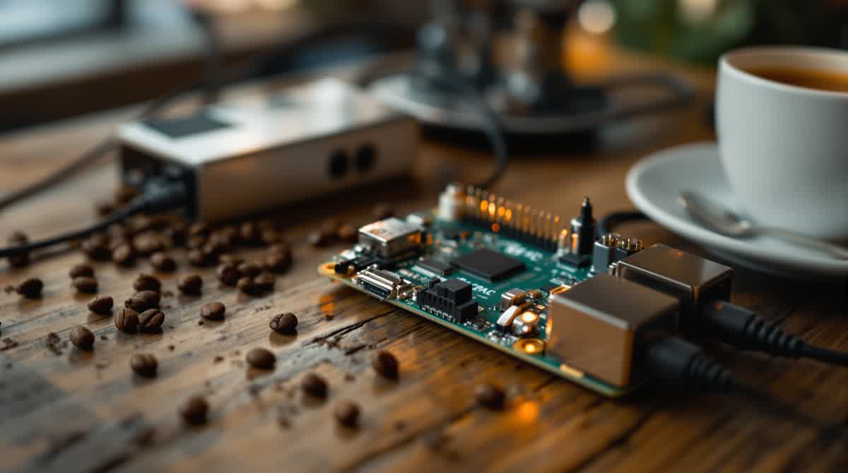Raspberry Pi กับ DAC บนเคาน์เตอร์ไม้ในร้านกาแฟ