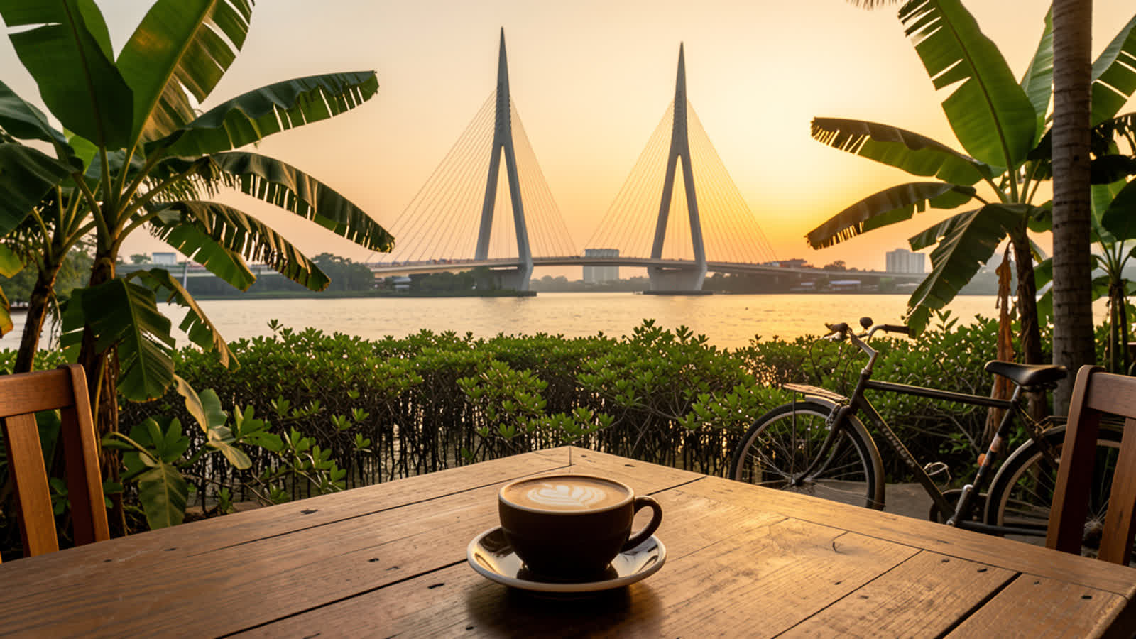 LNY Space riverside cafe at sunset with Bhumibol Bridge view Bang Krachao